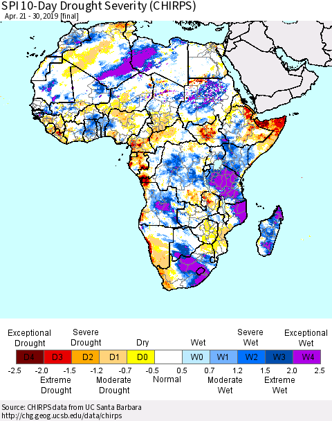 Africa SPI 10-Day Drought Severity (CHIRPS) Thematic Map For 4/21/2019 - 4/30/2019