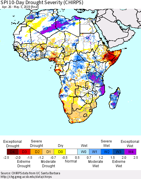 Africa SPI 10-Day Drought Severity (CHIRPS) Thematic Map For 4/26/2019 - 5/5/2019