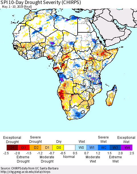 Africa SPI 10-Day Drought Severity (CHIRPS) Thematic Map For 5/1/2019 - 5/10/2019