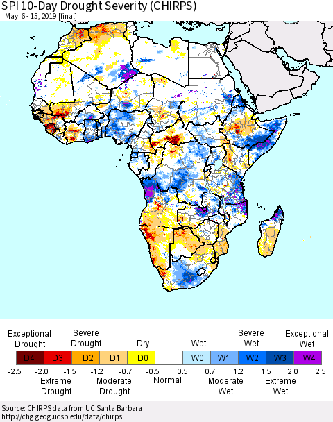 Africa SPI 10-Day Drought Severity (CHIRPS) Thematic Map For 5/6/2019 - 5/15/2019