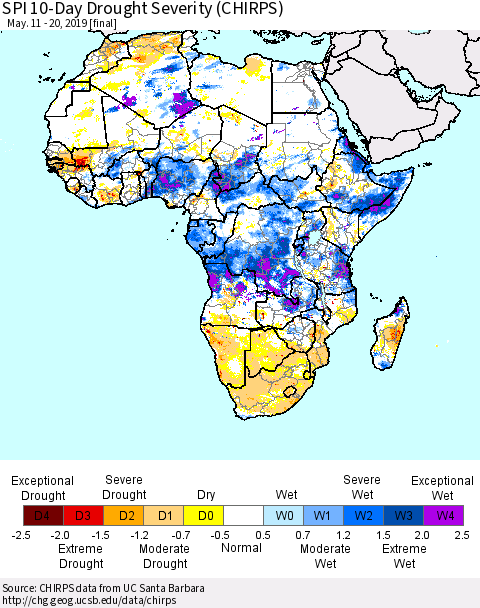 Africa SPI 10-Day Drought Severity (CHIRPS) Thematic Map For 5/11/2019 - 5/20/2019