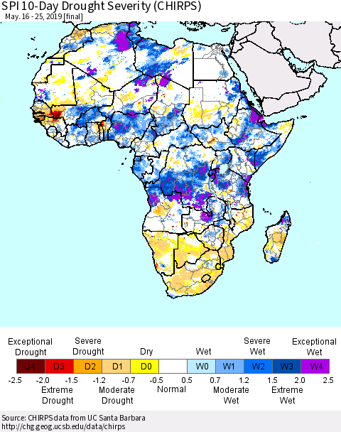 Africa SPI 10-Day Drought Severity (CHIRPS) Thematic Map For 5/16/2019 - 5/25/2019