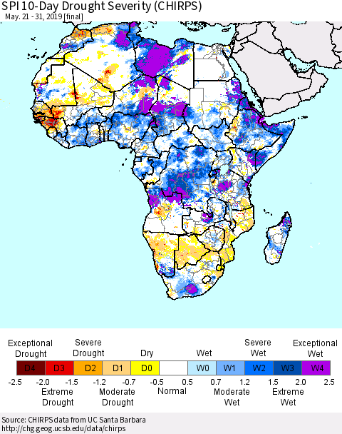 Africa SPI 10-Day Drought Severity (CHIRPS) Thematic Map For 5/21/2019 - 5/31/2019