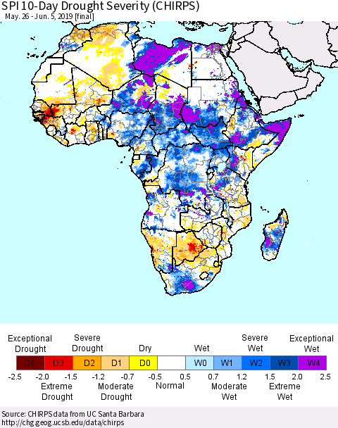 Africa SPI 10-Day Drought Severity (CHIRPS) Thematic Map For 5/26/2019 - 6/5/2019