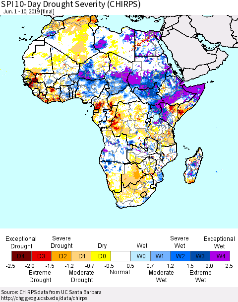 Africa SPI 10-Day Drought Severity (CHIRPS) Thematic Map For 6/1/2019 - 6/10/2019
