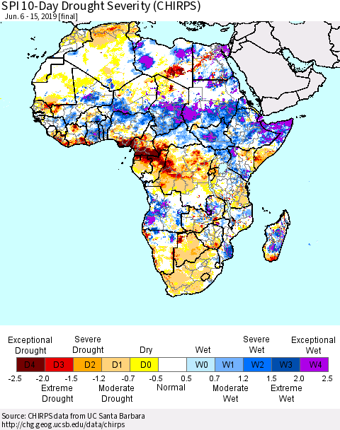 Africa SPI 10-Day Drought Severity (CHIRPS) Thematic Map For 6/6/2019 - 6/15/2019