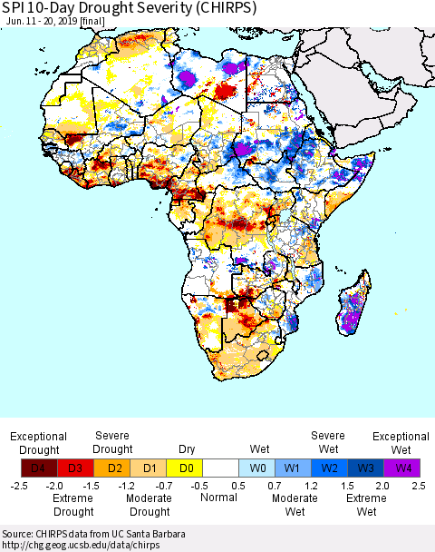 Africa SPI 10-Day Drought Severity (CHIRPS) Thematic Map For 6/11/2019 - 6/20/2019
