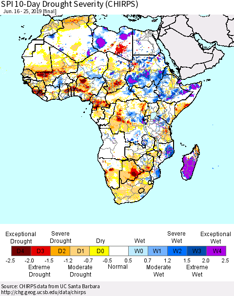 Africa SPI 10-Day Drought Severity (CHIRPS) Thematic Map For 6/16/2019 - 6/25/2019