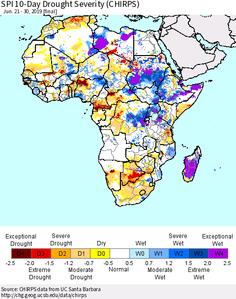 Africa SPI 10-Day Drought Severity (CHIRPS) Thematic Map For 6/21/2019 - 6/30/2019