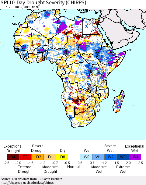 Africa SPI 10-Day Drought Severity (CHIRPS) Thematic Map For 6/26/2019 - 7/5/2019
