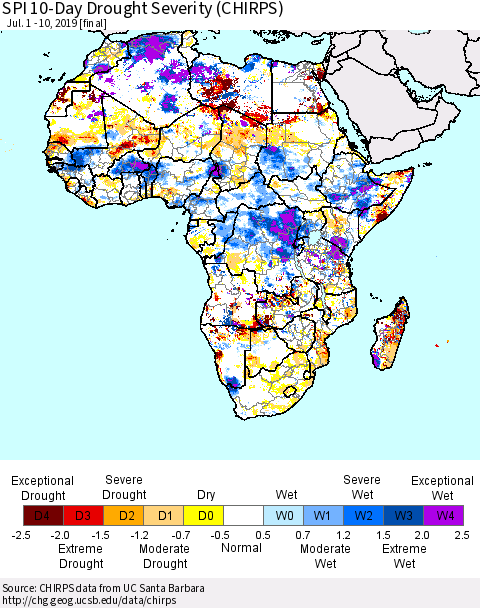 Africa SPI 10-Day Drought Severity (CHIRPS) Thematic Map For 7/1/2019 - 7/10/2019