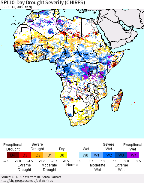 Africa SPI 10-Day Drought Severity (CHIRPS) Thematic Map For 7/6/2019 - 7/15/2019