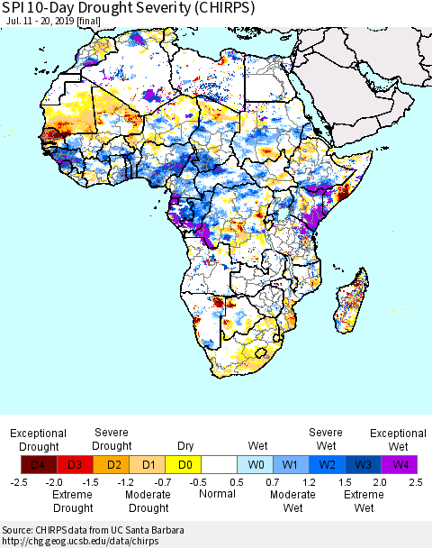 Africa SPI 10-Day Drought Severity (CHIRPS) Thematic Map For 7/11/2019 - 7/20/2019