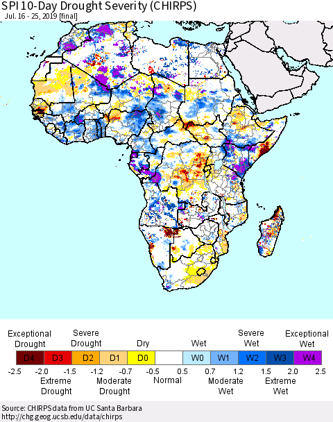 Africa SPI 10-Day Drought Severity (CHIRPS) Thematic Map For 7/16/2019 - 7/25/2019