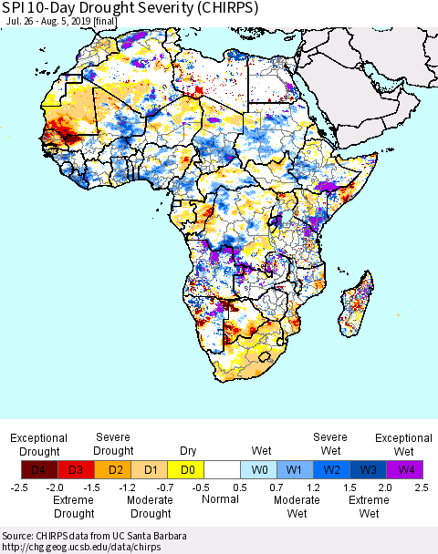 Africa SPI 10-Day Drought Severity (CHIRPS) Thematic Map For 7/26/2019 - 8/5/2019