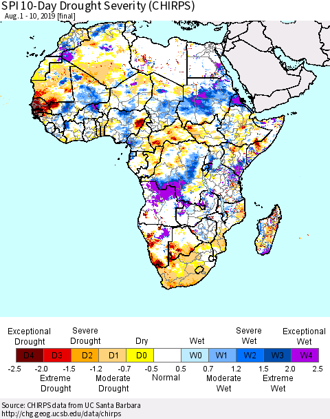 Africa SPI 10-Day Drought Severity (CHIRPS) Thematic Map For 8/1/2019 - 8/10/2019