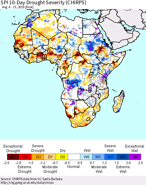 Africa SPI 10-Day Drought Severity (CHIRPS) Thematic Map For 8/6/2019 - 8/15/2019