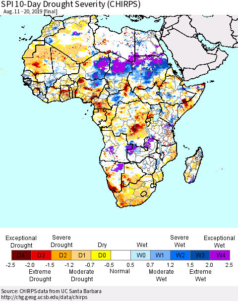 Africa SPI 10-Day Drought Severity (CHIRPS) Thematic Map For 8/11/2019 - 8/20/2019