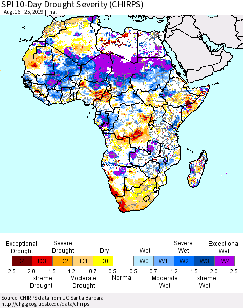 Africa SPI 10-Day Drought Severity (CHIRPS) Thematic Map For 8/16/2019 - 8/25/2019