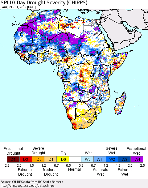 Africa SPI 10-Day Drought Severity (CHIRPS) Thematic Map For 8/21/2019 - 8/31/2019