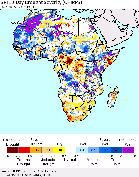 Africa SPI 10-Day Drought Severity (CHIRPS) Thematic Map For 8/26/2019 - 9/5/2019
