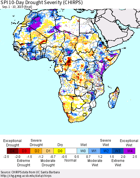 Africa SPI 10-Day Drought Severity (CHIRPS) Thematic Map For 9/1/2019 - 9/10/2019