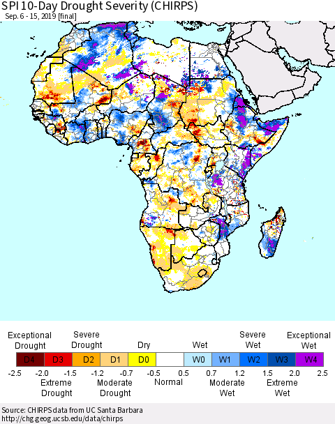Africa SPI 10-Day Drought Severity (CHIRPS) Thematic Map For 9/6/2019 - 9/15/2019