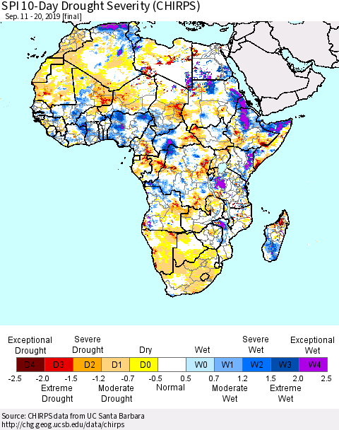 Africa SPI 10-Day Drought Severity (CHIRPS) Thematic Map For 9/11/2019 - 9/20/2019