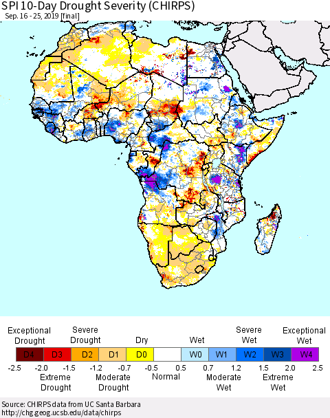 Africa SPI 10-Day Drought Severity (CHIRPS) Thematic Map For 9/16/2019 - 9/25/2019