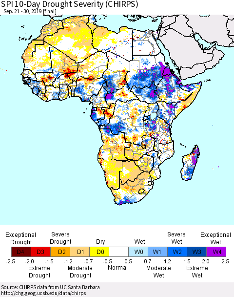 Africa SPI 10-Day Drought Severity (CHIRPS) Thematic Map For 9/21/2019 - 9/30/2019