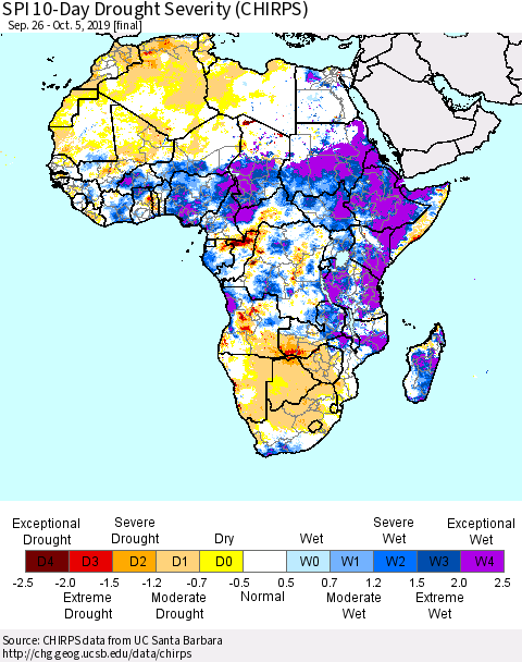 Africa SPI 10-Day Drought Severity (CHIRPS) Thematic Map For 9/26/2019 - 10/5/2019