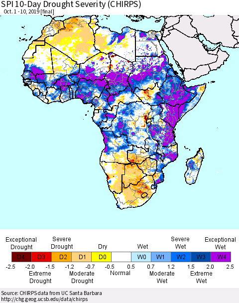 Africa SPI 10-Day Drought Severity (CHIRPS) Thematic Map For 10/1/2019 - 10/10/2019