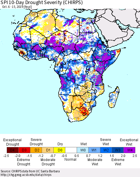 Africa SPI 10-Day Drought Severity (CHIRPS) Thematic Map For 10/6/2019 - 10/15/2019