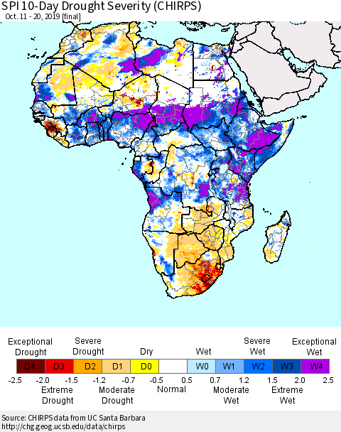 Africa SPI 10-Day Drought Severity (CHIRPS) Thematic Map For 10/11/2019 - 10/20/2019