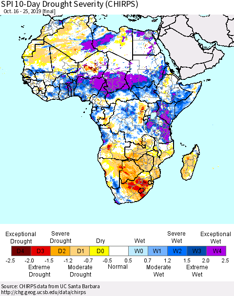 Africa SPI 10-Day Drought Severity (CHIRPS) Thematic Map For 10/16/2019 - 10/25/2019