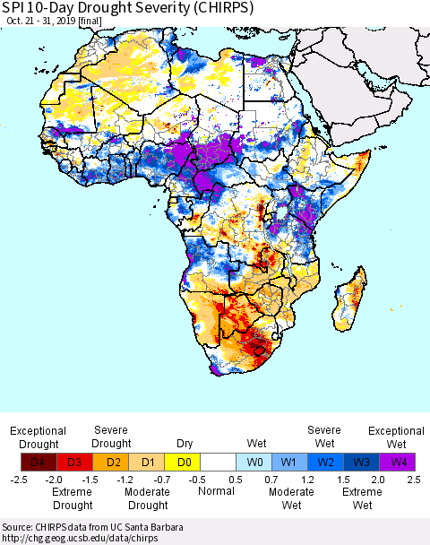 Africa SPI 10-Day Drought Severity (CHIRPS) Thematic Map For 10/21/2019 - 10/31/2019