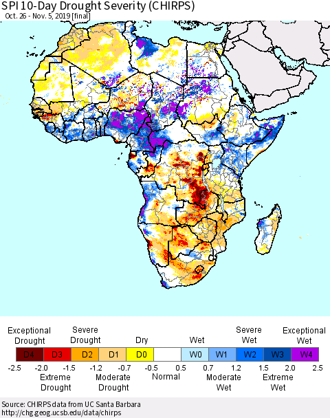 Africa SPI 10-Day Drought Severity (CHIRPS) Thematic Map For 10/26/2019 - 11/5/2019