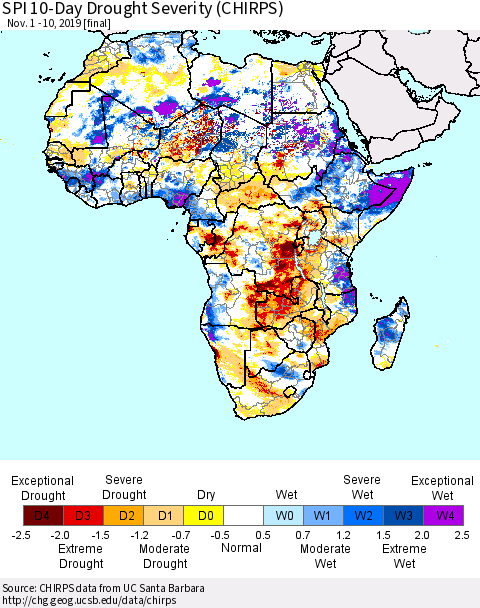 Africa SPI 10-Day Drought Severity (CHIRPS) Thematic Map For 11/1/2019 - 11/10/2019