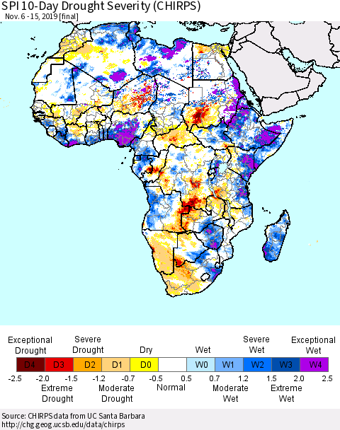 Africa SPI 10-Day Drought Severity (CHIRPS) Thematic Map For 11/6/2019 - 11/15/2019