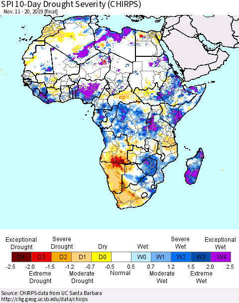 Africa SPI 10-Day Drought Severity (CHIRPS) Thematic Map For 11/11/2019 - 11/20/2019
