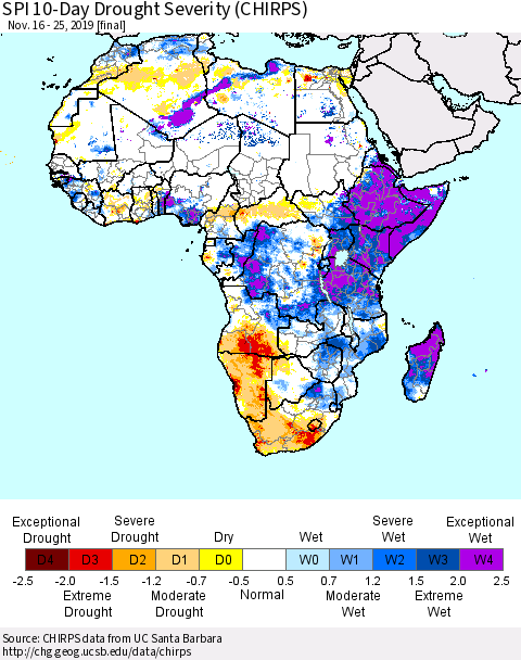 Africa SPI 10-Day Drought Severity (CHIRPS) Thematic Map For 11/16/2019 - 11/25/2019