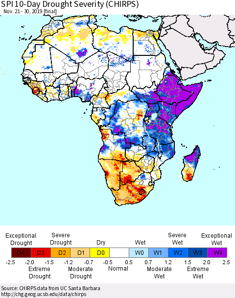 Africa SPI 10-Day Drought Severity (CHIRPS) Thematic Map For 11/21/2019 - 11/30/2019
