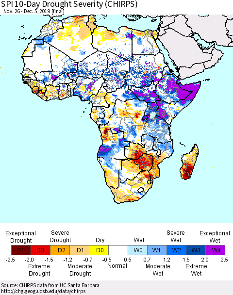 Africa SPI 10-Day Drought Severity (CHIRPS) Thematic Map For 11/26/2019 - 12/5/2019