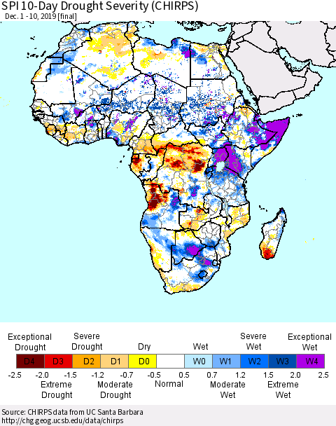 Africa SPI 10-Day Drought Severity (CHIRPS) Thematic Map For 12/1/2019 - 12/10/2019