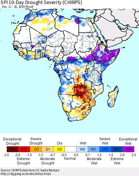 Africa SPI 10-Day Drought Severity (CHIRPS) Thematic Map For 12/11/2019 - 12/20/2019