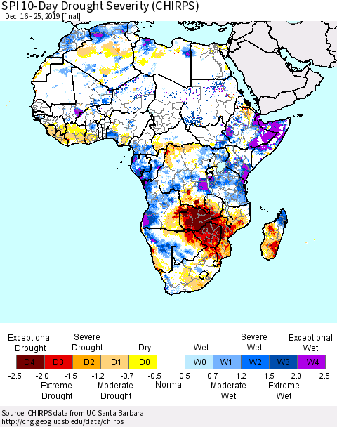 Africa SPI 10-Day Drought Severity (CHIRPS) Thematic Map For 12/16/2019 - 12/25/2019