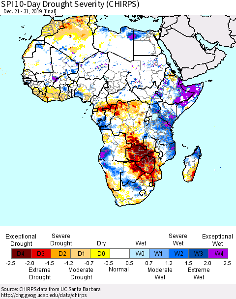 Africa SPI 10-Day Drought Severity (CHIRPS) Thematic Map For 12/21/2019 - 12/31/2019