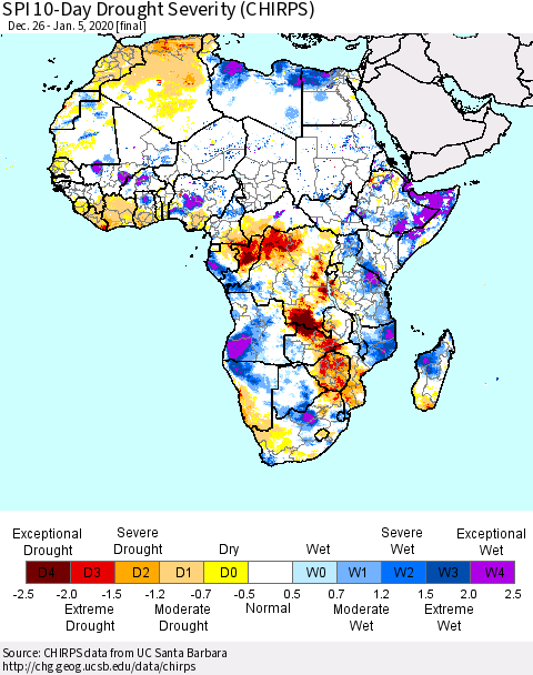 Africa SPI 10-Day Drought Severity (CHIRPS) Thematic Map For 12/26/2019 - 1/5/2020