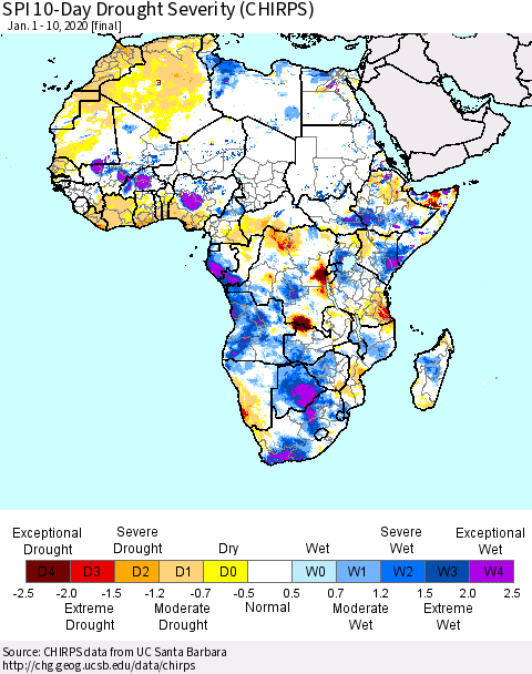 Africa SPI 10-Day Drought Severity (CHIRPS) Thematic Map For 1/1/2020 - 1/10/2020