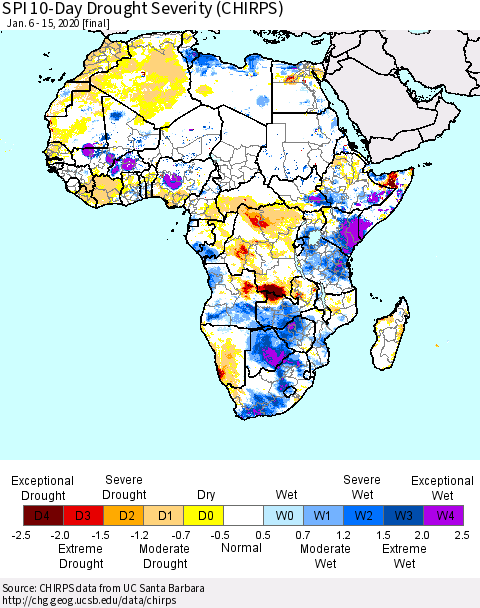 Africa SPI 10-Day Drought Severity (CHIRPS) Thematic Map For 1/6/2020 - 1/15/2020